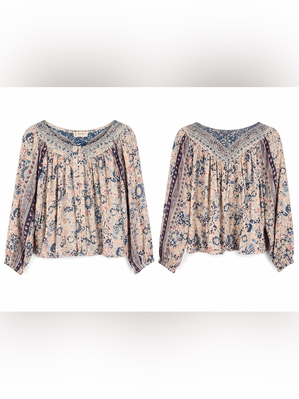 Lucky Brand Women's Top Sz Small‎ Cream, Blue and Pink Floral Boho Summer Blouse
